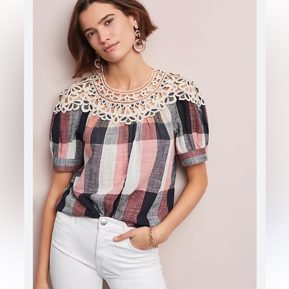 Anthropologie Plaid Boho Crochet Embroidered‎ Cotton Peasant Swing Blouse Top XS